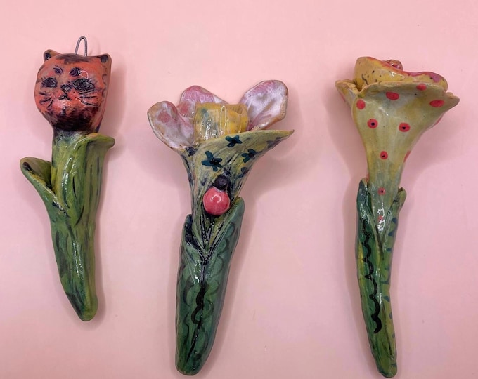 Featured listing image: Handbuilt Ceramic Flower Ornament: Jonquil, Cat & Ladybug Garden Decor