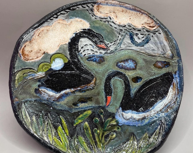 Handmade Black Swan Ceramic Plate: Whimsical Pottery Art (14cm