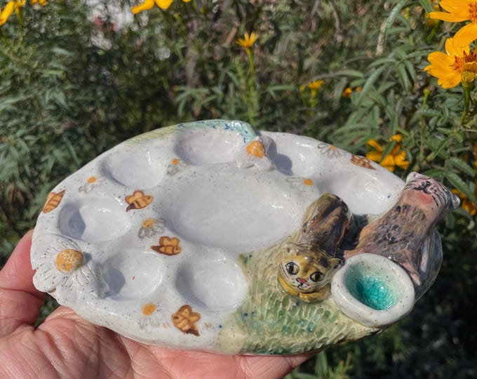 Handmade Ceramic Artist Palette: Cats & Bees Whimsical Art