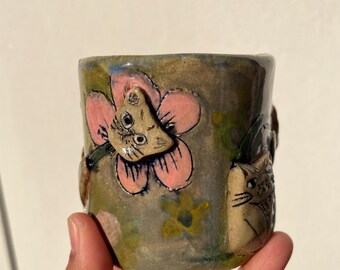 Handmade Ceramic Cat Floral Tumbler – Cute Coffee Cup, Pottery Tea Tumbler, Gift for Cat Lover, Whimsical Kitchenware