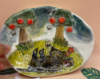 Handmade Black Cat Ceramic Plate: Whimsical Bird & Bee Art