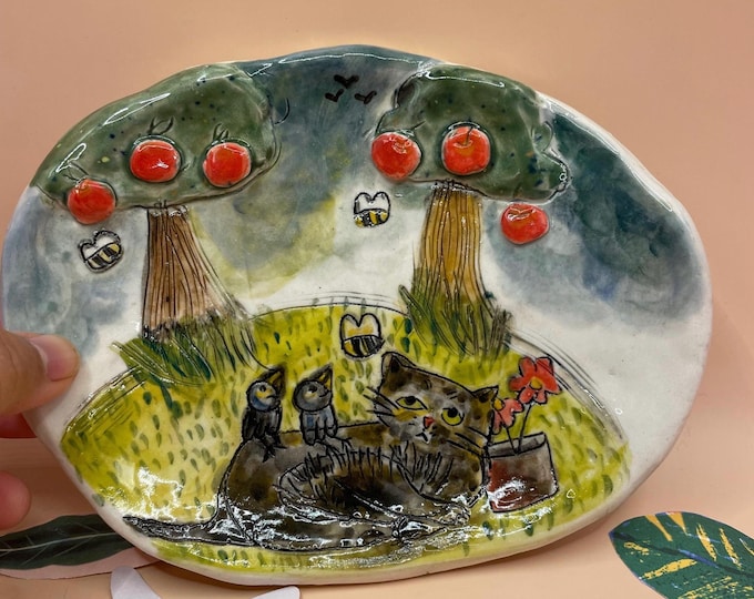 Handmade Black Cat Ceramic Plate: Whimsical Bird Bee Art Naive ceramics
