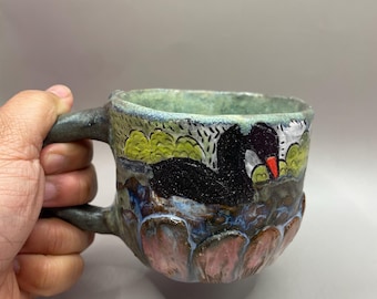 Handbuilt Black Swan Mug: Carved Ceramic Wetland Scene with Cats