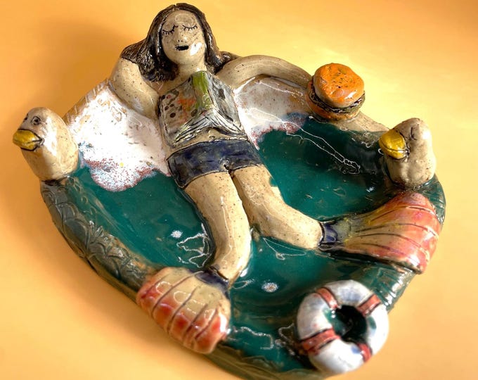 Handmade Ceramic Soap Dish: Swimmer Trinket tray, Beach Decor