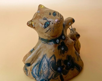 Handmade Ceramic Cat Sculpture with Bear Bell: Desk Art