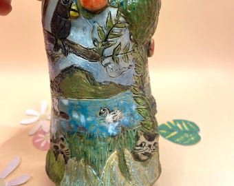 Handmade Ceramic Cat Bud Vase: Whimsical Storybook Tree Art