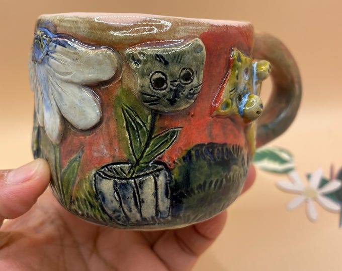 Handmade Cat & Daisy Floral Mug - LolliMugs - Unique Ceramic Coffee Cup