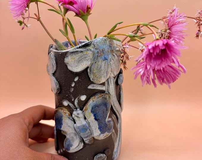 Handmade Ceramic botanical butterfly snowbell daisy Vase: Black clay collection Artisan gifts