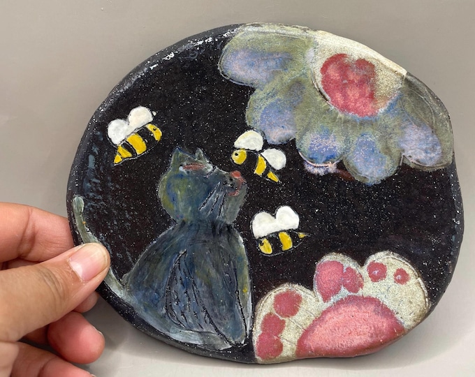 Handmade Cat Cake Plate: Handbuilt Pottery with Bees & Flowers