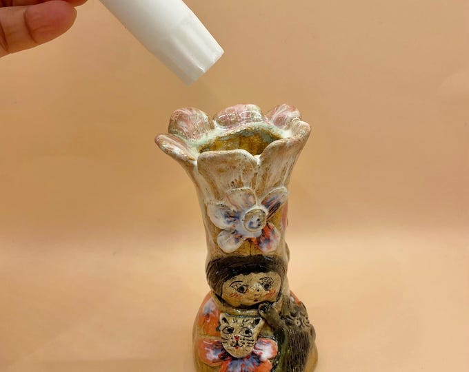 Handmade Ceramic Cat Candle Holder: Whimsical Floral Home Decor