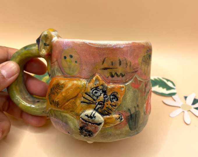Handmade Cat Mug: Bubble Tea Floral Design, Unique Ceramic Coffee Cup