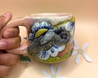 Handmade Daisy Cat Mug: Funny Stoneware Coffee Cup, 180ml