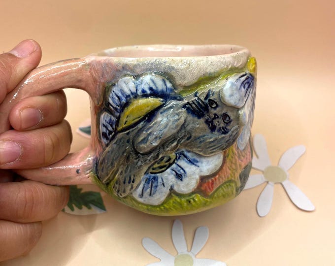 Handmade Daisy Cat Mug: Funny Stoneware Coffee Cup, 180ml