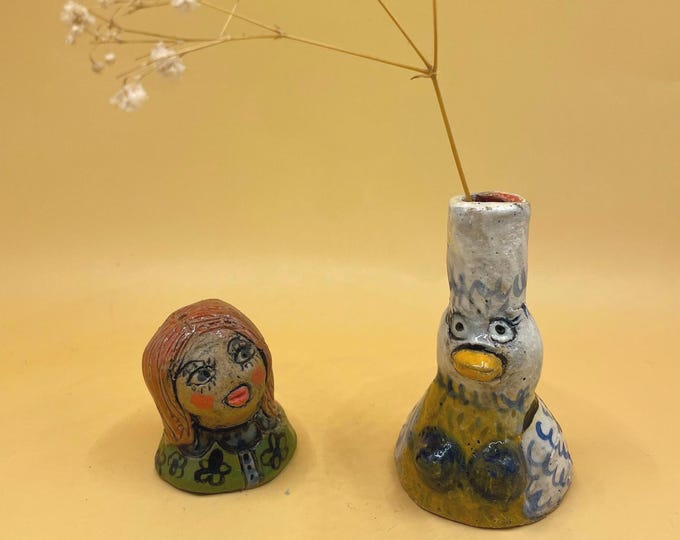Handmade Ceramic Duck Bud Vase and Lady Figurine: Quirky Desk Decor
