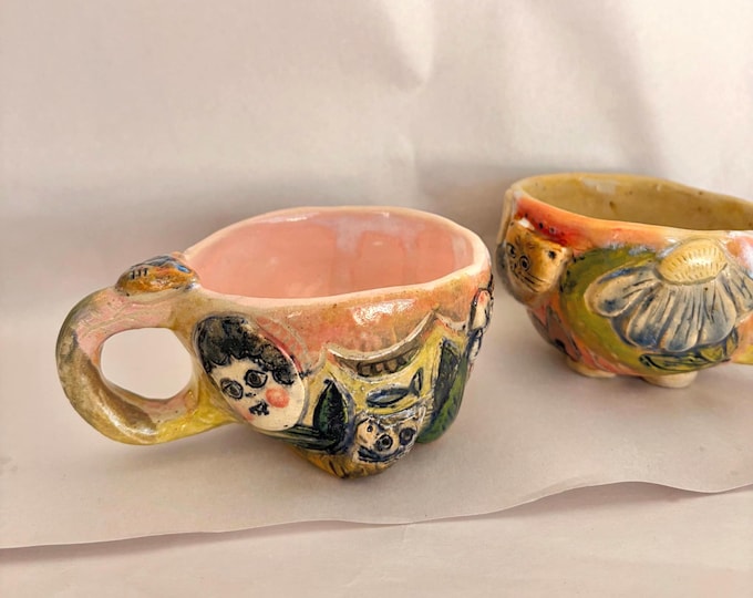 Handmade Floral Stoneware Mug: Funny Cat Handle, Unique Design