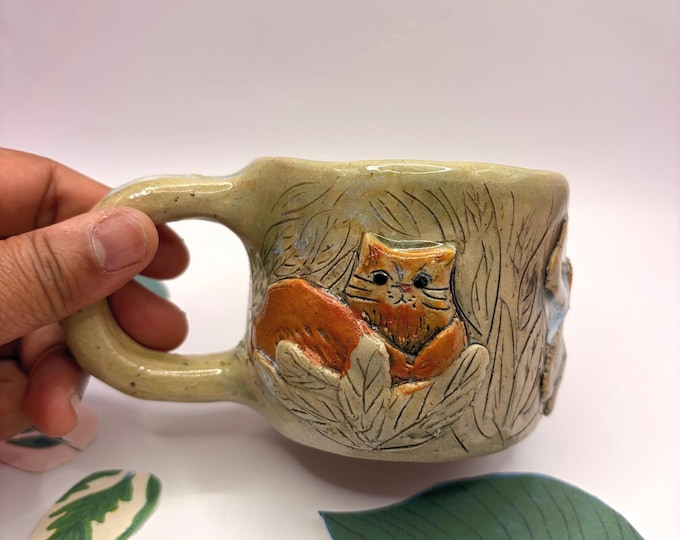 Handmade black and Orange cat Ceramic mug 200ml: Jungle floral cats Design, Handbuilt Pottery