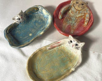 Handmade Stoneware Cat Dish: Trinket, Ring, Sauce - Cat Lover Gift