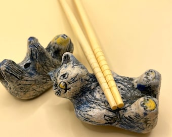 Chopstick Rest. Handmade Art, Sculpture animal. Ceramic Cat. Sloths. Stoneware. Gifts