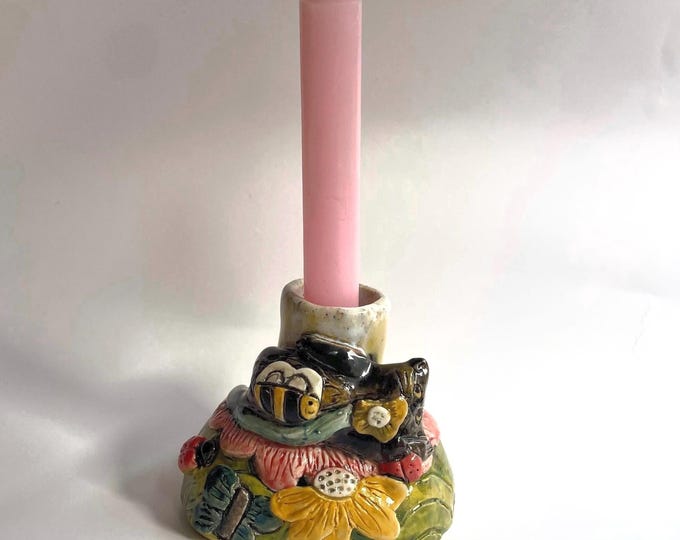 Handmade Ceramic Black Cat Candle Holder: Floral Garden Decor (White Candle included)