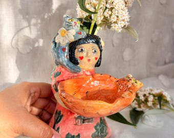 Keramik Katzendame Skulpturale Vase und hält orange Katze Geschenke Wunderliche Kunst