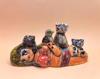 Porcelain Sculpture: Hand-painted Crazy Cat Lady Figurine