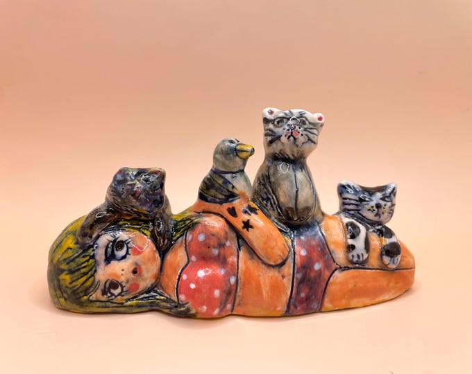 Porcelain Sculpture: Hand-painted Crazy Cat Lady Figurine