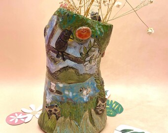 Handmade Ceramic Cat Bud Vase: Whimsical Storybook Treehouse Naive Art