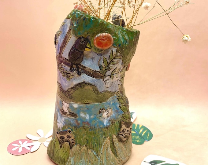Handmade Ceramic Cat Bud Vase: Whimsical Storybook Tree Art