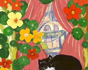 Black cat sleeping in the Nasturtiums garden Greeting Postcard: Illustration Art Print, Cat Lover Gift