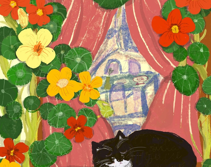 Black cat sleeping in the Nasturtiums garden Greeting Postcard: Illustration Art Print, Cat Lover Gift