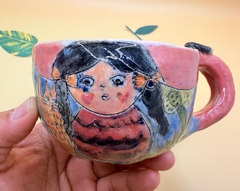 Handmade carved coffee cup Pigtails girl Funny Cat Daffodils Unique Design Gifts (150ml)
