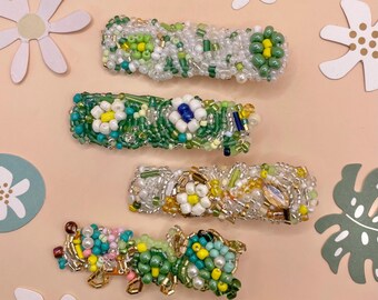 Handmade embroidered Beaded Daisy Hair Clip: Pastel Green Gem Barrette