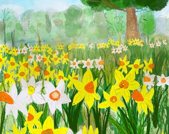 Art print on Postcard – Spring Daffodils & Ducks Illustration Art prints Greeting cards
