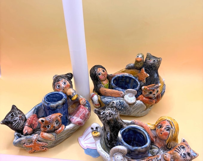 Ceramic Boat Candle Holder: Mermaid Cats Duck Fish Starfish - Eclectic Decor