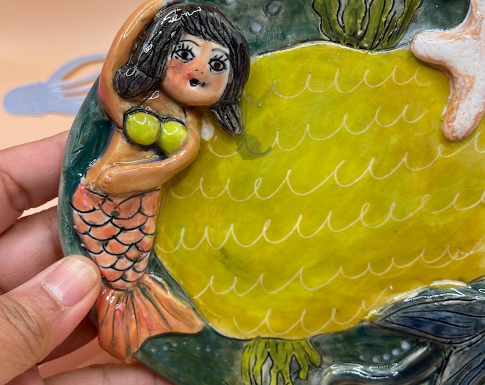 Handmade Ceramic Mermaid Plate: Whimsical Stoneware Art - Ocean Lover Gift