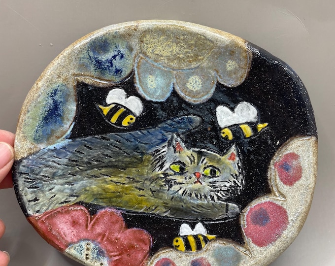 Handmade Cat Cake Plate: Handbuilt Pottery with Bees & Flowers