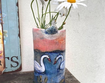 Handmade Ceramic Vase Swans lake : Whimsical design Brush holder