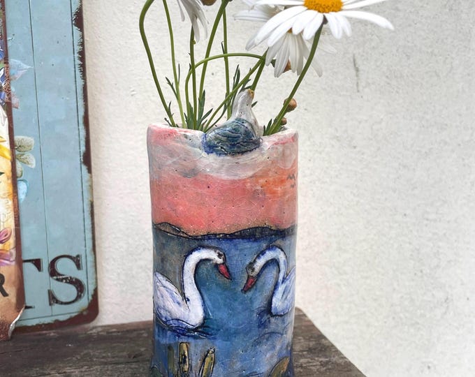 Handmade Ceramic Vase Swans lake : Whimsical design Brush holder