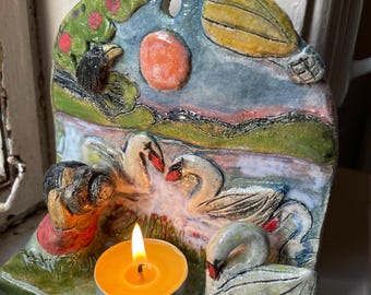 Handmade Ceramic Swan Tealight Holder: Whimsical Lake Landscape Wall Decor