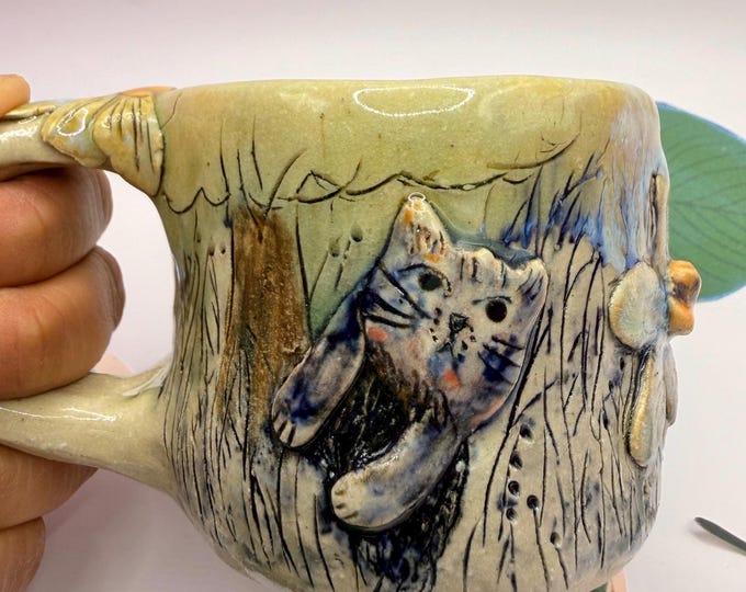 Handmade black and Ornage cat Ceramic mug 200ml: Jungle cats Design, Handbuilt Pottery
