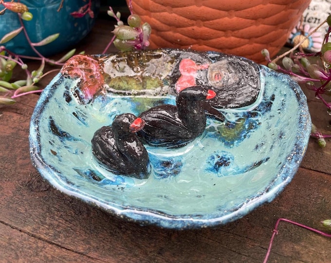 Handmade Black Swans Ceramic Trinket Dish: Sculptural Ring Dish, Bee Bath