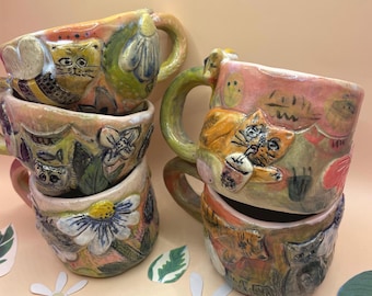 Handmade cat daisy Floral Mug 180ml-LolliMugs with funny cats!Wraparound design. One of a kind.Handmade mug.Gifts.
