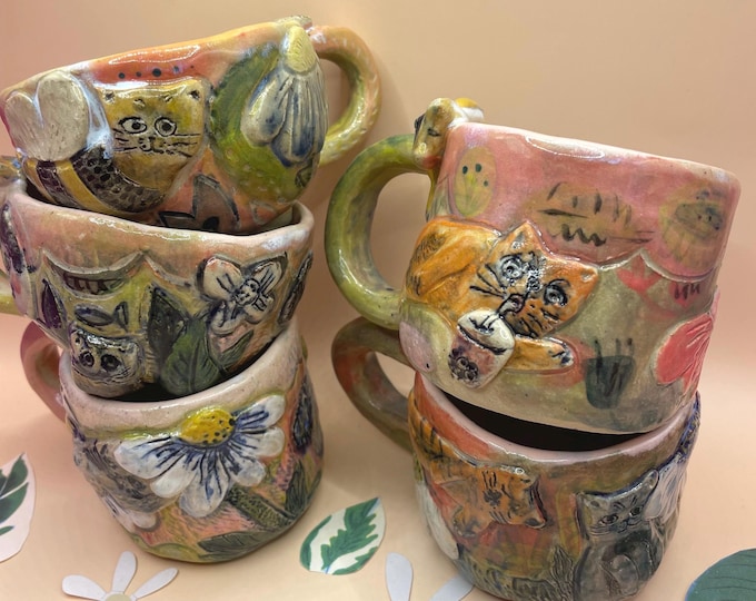 Featured listing image: Handmade cat daisy Floral Mug 180ml-LolliMugs with funny cats!Wraparound design. One of a kind.Handmade mug.Gifts.