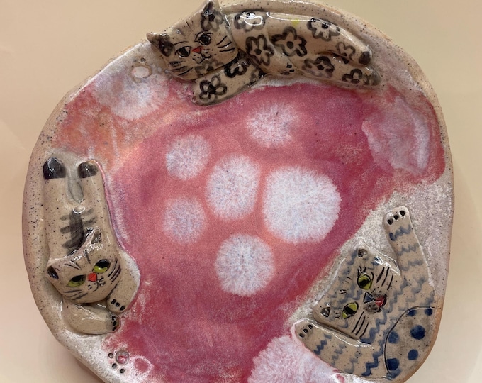 Handmade Whimsical Cats Plate: Sculptural Trinket Dish, Cat Lover Gift