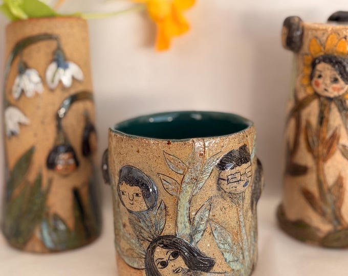 Handmade Ceramic Tumbler: Whimsical Faces & Flowers, Artsy Coffee Lover Gift