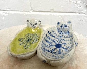 Handmade Ceramic Cat/Bear Sauce Dish: Raku Stoneware Tableware