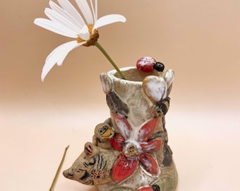 Handmade Ceramic Cat Candle Holder: Whimsical Home Decor with Flowers (candle included)