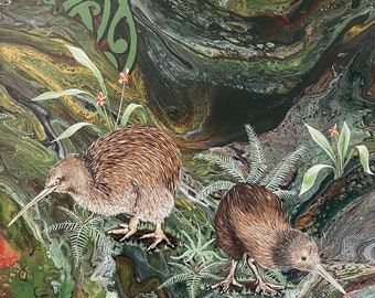 Nieuw-Zeeland geïnspireerde acryl pour schilderij: "Kiwi's in de Kauri"