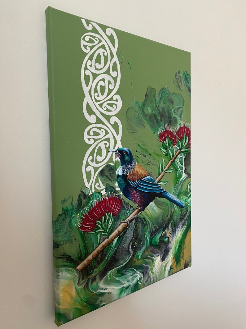 Von Neuseeland inspiriertes Acrylgussgemälde: Lieder des Pohutukawa-Baums Bild 4