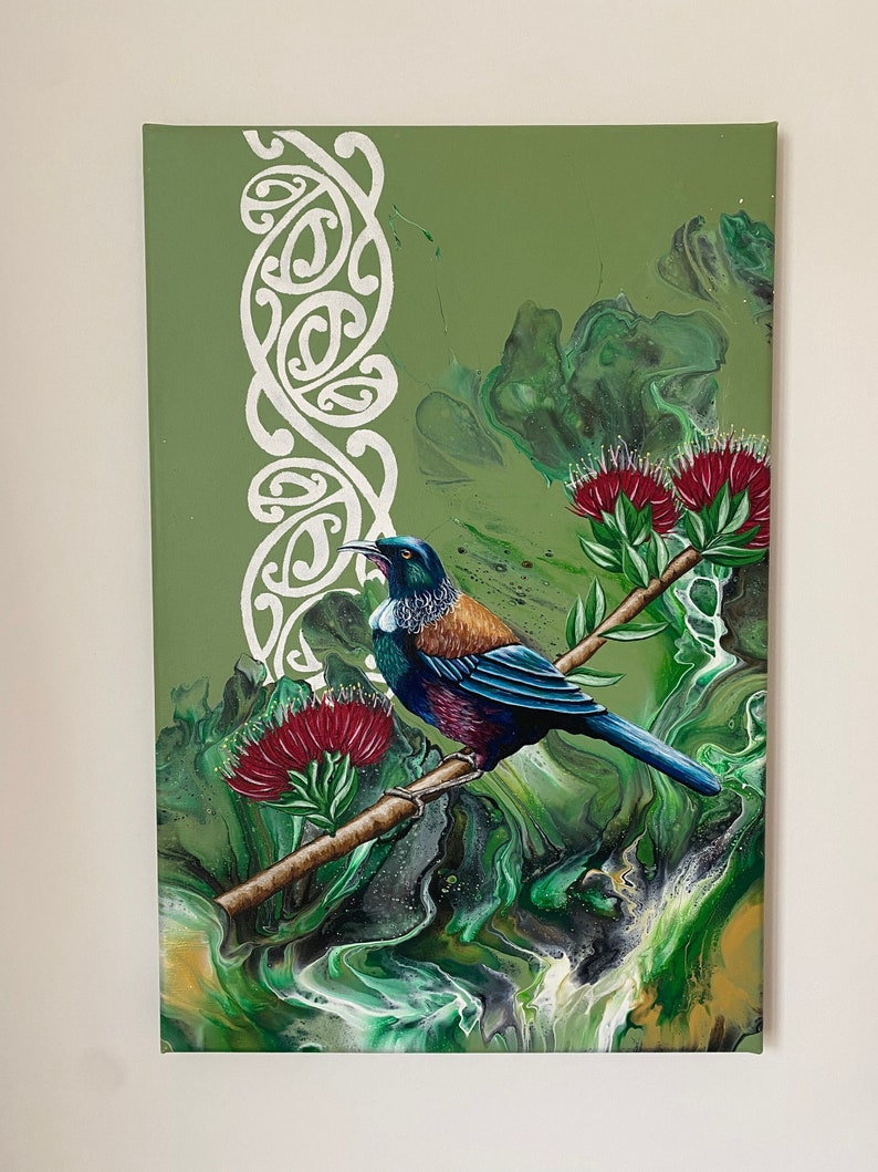 Von Neuseeland inspiriertes Acrylgussgemälde: Lieder des Pohutukawa-Baums Bild 1